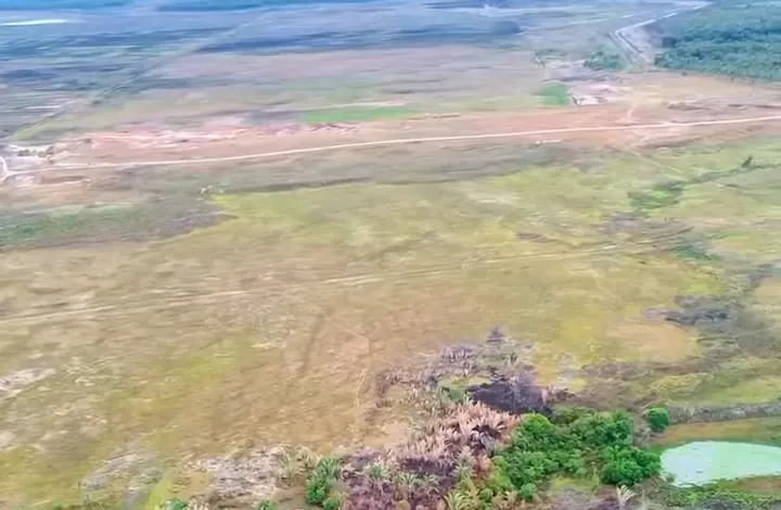 Vista aérea do terreno da refinaria, de capim e terra, com uma lagoa e vegetação queimada
